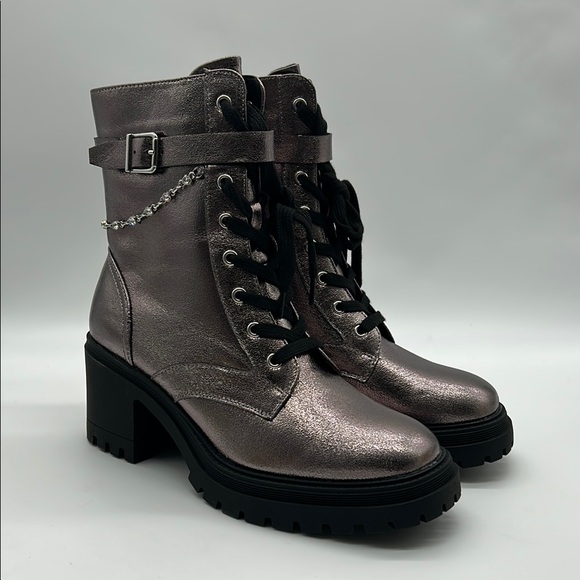 pop Shoes - Pop Silver Combat Moto Boots with Lace-up Design NWT Display Store